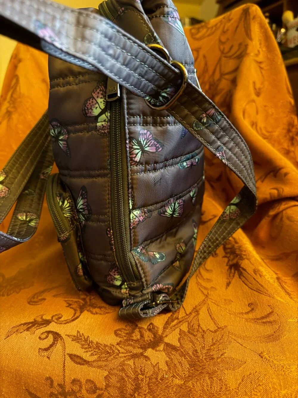 Lug Zipliner 2 Convertible Hobo Bag Gray w/Pink & Blue Butterfly Print
